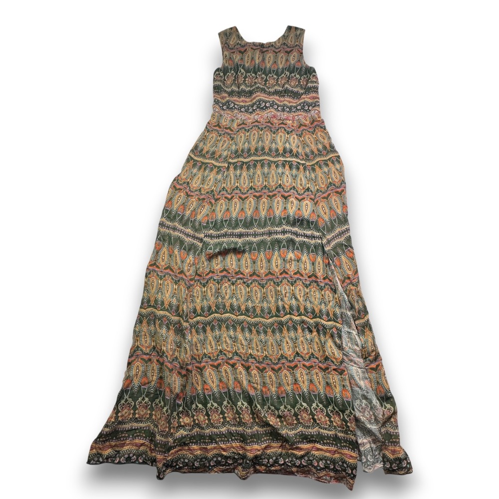 Poema Green Paisley Lace Up Back Sleeveless Maxi Dress D2658-01 Womens Medium